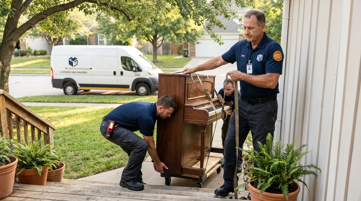 Licensed piano movers securing grand piano in New Lebanon, OH