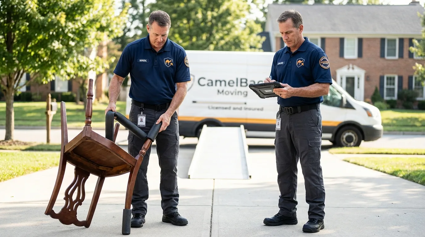 Movers inspecting furniture for damage prevention before loading in New Lebanon, OH