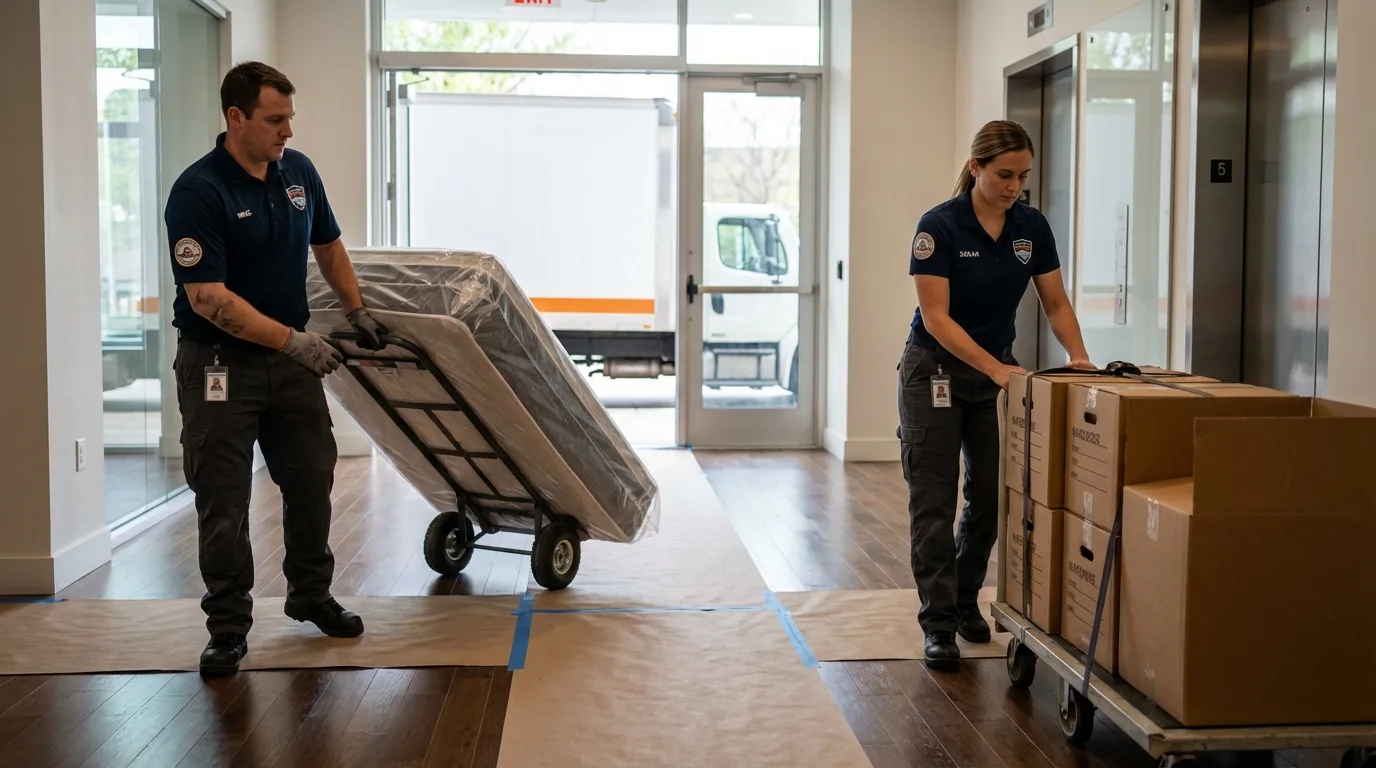 Professional apartment movers loading elevator in New Lebanon, OH