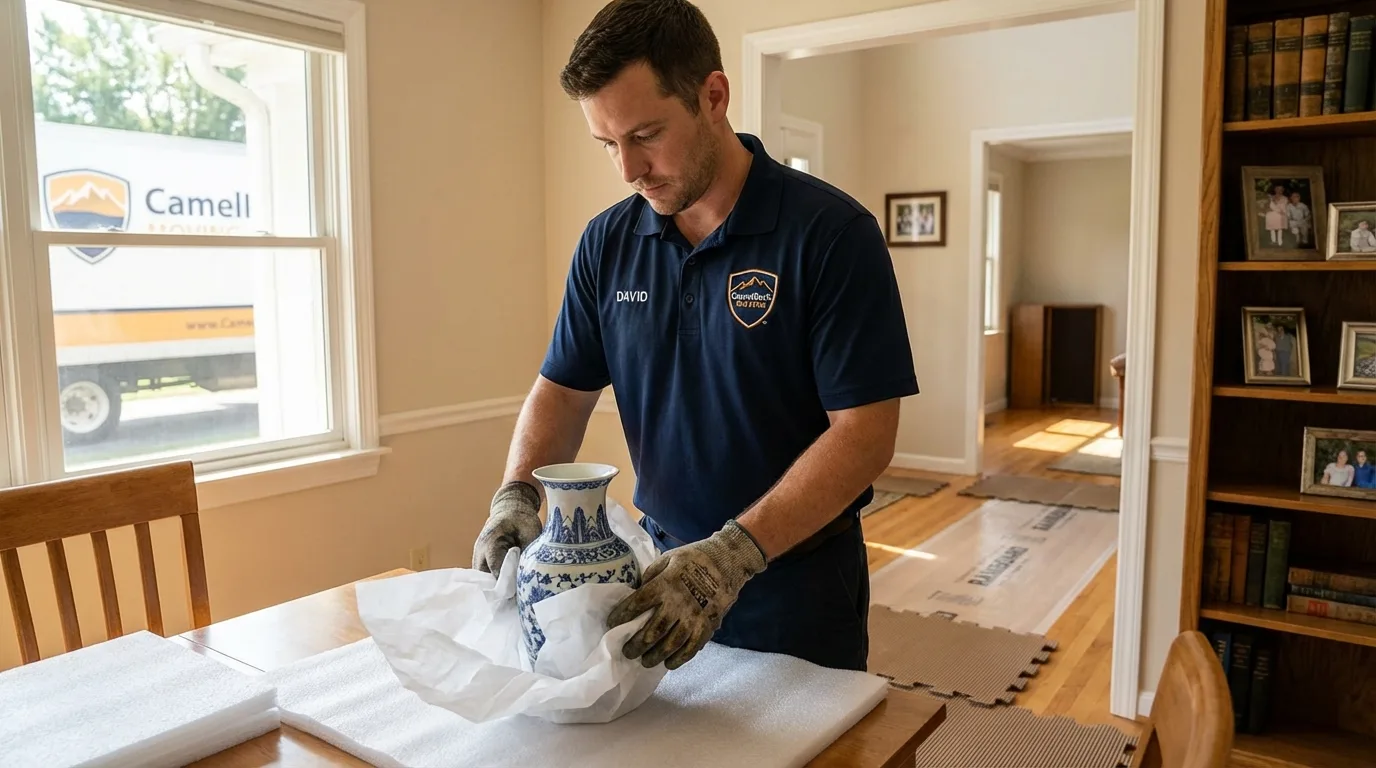 Professional crew carefully wrapping antique vase for senior downsizing move in New Lebanon, OH